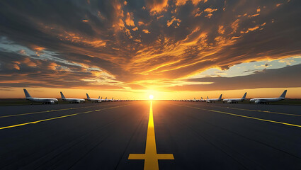 A low angle view from a yellow cross marking on an airport runway leading towards a fleet of airplanes at sunset