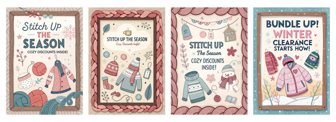 Set of four posters featuring winter clearance sale with colorful knitwear hats scarves and mittens