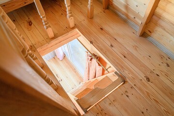 Wooden floor with an open stairway leading down, revealing a window and curtain below