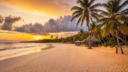 Fototapeta premium Beautiful sunset on the tropical beach with palm trees and umbrellas