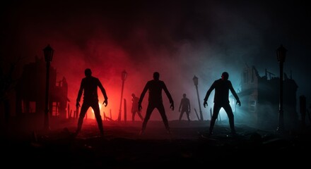 Zombie Silhouettes Walking in Foggy Street