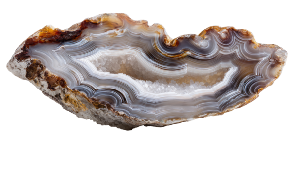A polished agate slice, showcasing a captivating inner cavity.  Intricate bands of  brown, beige, and white agate