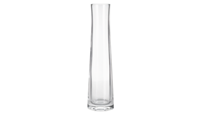 Clear slender vase, elegant glass container for floral arrangements on transparent background