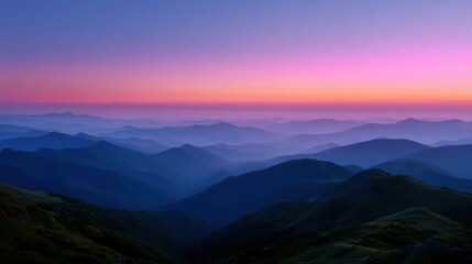 Obraz premium Aerial view of misty mountain peaks at dawn, orange and pink hues in the sky, untouched wilderness, serene and majestic natural scenery, stock photo for adventure themes