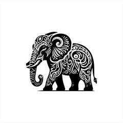 Fototapeta premium Black silhouette of an elephant with intricate white tribal patterns