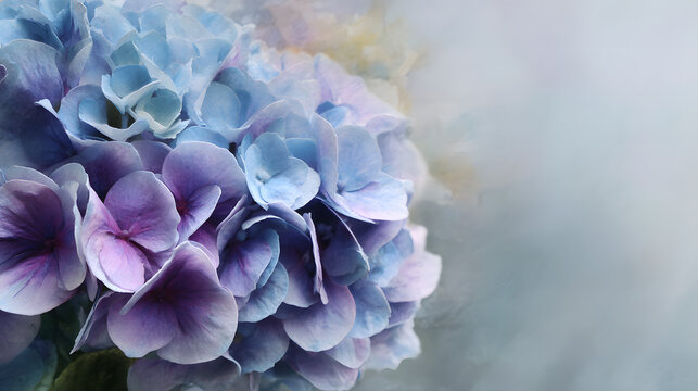 Close-up of Soft Blue and Purple Hydrangea Flower Petals with a Misty Background Keywords: hydrangea, blue, purple, flower, floral, petals, bloom, blossom, nature, garden, botanical, close-up - Powered by Adobe
