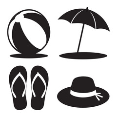 Vector art of collection of beach vacation icons including a beach ball, umbrella, hat, and flipflops, isolated on white background