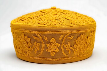 Elegant yellow embroidered kufi cap radiating cultural richness and artisanal craftsmanship, perfect for showcasing heritage and celebrating tradition