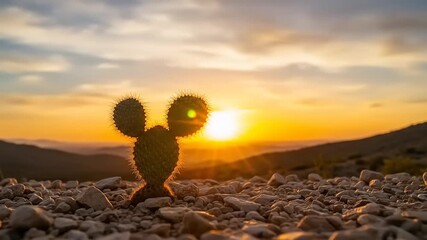 Whimsical young Opuntia cactus with a sun flare during a golden sunrise over rocky hills. - Powered by Adobe