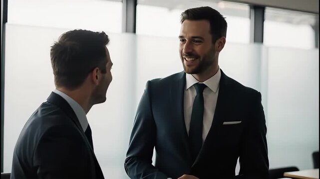 Two Businessmen in Suits Having Friendly Conversation in Modern Office
