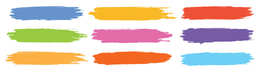 Collection of colorful and black painted brush stroke rectangles in grunge style—perfect for graphic design, banners, labels, or hand-drawn creative accents.