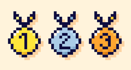 8-bit pixel art color icons: gold, silver and bronze medals. 
