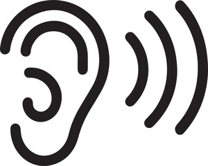 Human ear with sound waves icon. A minimalist black and white line art illustration of a human ear accompanied by three radiating sound waves, representing hearing, audio, or listening.