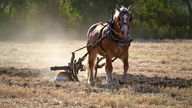 Horse pulling a plow in a field