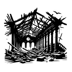 Fototapeta premium Black and White Vector Silhouette of a Train Station in Ruins