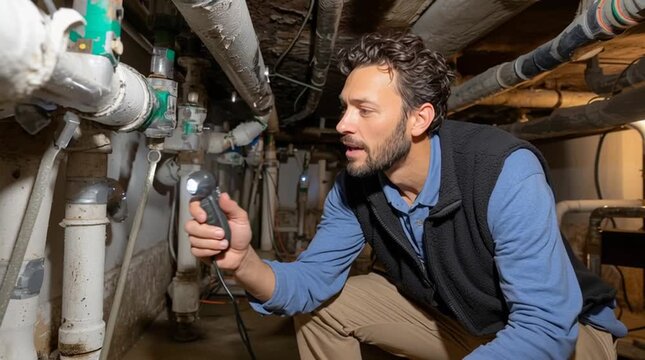 Inspector examining plumbing in basement with flashlight for leak detection