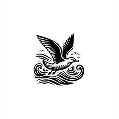 Stylized black and white illustration of a seagull flying over stylized waves