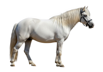 A white pony standing sideways and looking forward, isolated on transparent background