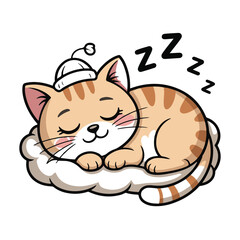 Vector art of cute cartoon tabby kitten sleeping peacefully on a fluffy cloud, wearing a small white hat, isolated on white background