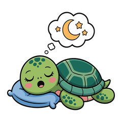 Vector art of cute cartoon turtle sleeping peacefully on a pillow and dreaming of the moon and stars, isolated on white background