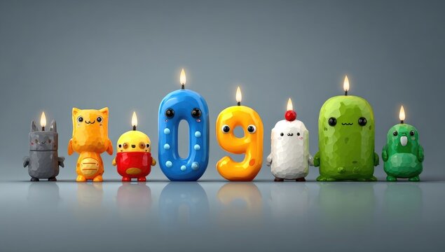 Colorful, cartoonish birthday candles in the form of numbers and creatures