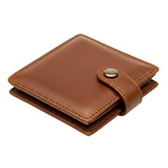 Compact brown leather wallet with a secure snap button closure, featuring visible stitching and a clean designon transparent background.