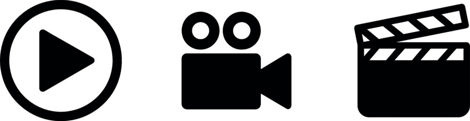 Video Media Icon Set – Play Button, Movie Camera, Clapperboard, Film, Cinema, Black Vector Clipart