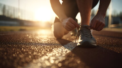 Man tying running shoe lace on a track during warm sunset. Preparation for a jog or race. Fitness, sport, and active lifestyle.