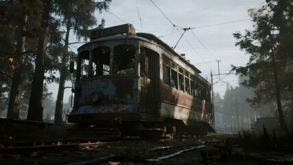 Obraz premium Abandoned Rusty Tram in a Foggy Forest Setting