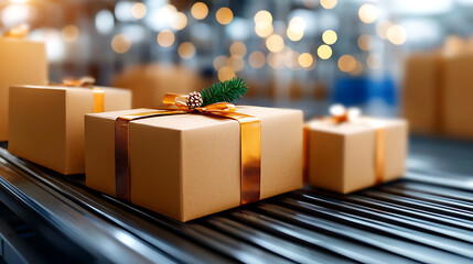Holiday gift delivery warehouse product display festive atmosphere close-up view seasonal vibes