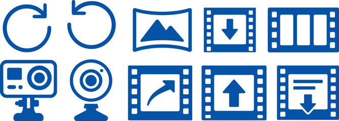 Video and Media Icon Set – Camera, Webcam, Film Strip, Download, Upload, Gallery, Refresh, Blue Vector Clipart