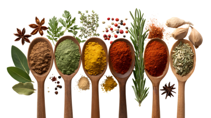 Colorful different seasonings in wooden spoons surrounded with herbs and spices isolated on a white background