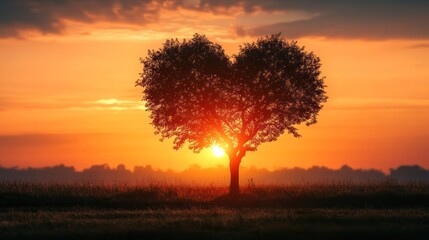 Heart-shaped tree silhouette bathed in warm sunset light, symbolizing love and tranquility