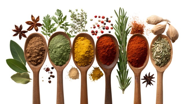 Colorful different seasonings in wooden spoons surrounded with herbs and spices isolated on a white background