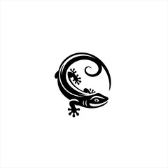 Stylized black gecko lizard with swirling tail on white background