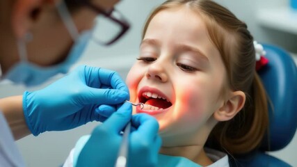 A young girl having her teeth examined by a dentist, a common scene in pediatric dentistry