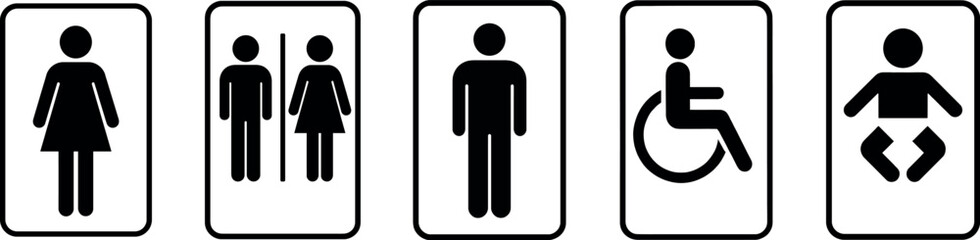 Restroom Sign Icon Set – Male, Female, Unisex, Wheelchair Accessible, Baby Changing, Bathroom Vector Clipart