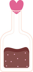 A whimsical illustration of a love potion in a glass bottle with a pink heart stopper.