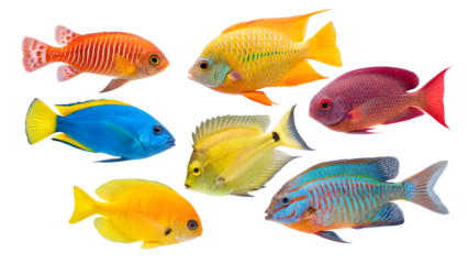 Group of colorful exotic fishes PNG on transparent ackground.