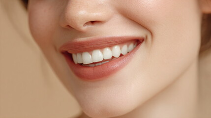 Fototapeta premium Close-up of a woman's lower face showing her bright white teeth and beautiful smile. Oral health and dental care concept for dentistry.