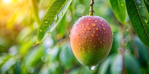 Closeup of a ripe mango fruit hanging from a tree branch with water droplets, surrounded by green leaves and sunlight in a tropical garden