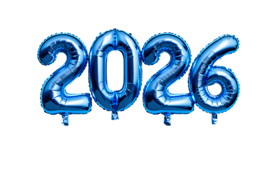 2026 holographic balloons on white background. New year 2026 post card concept.