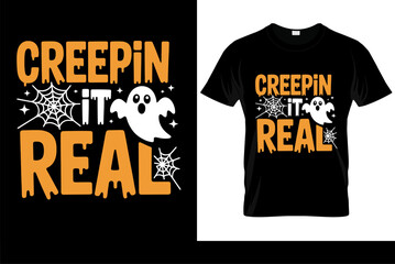 Creepin It Real Halloween t-shirt design. Funny ghost and cobweb illustration. Vector graphic for printing.