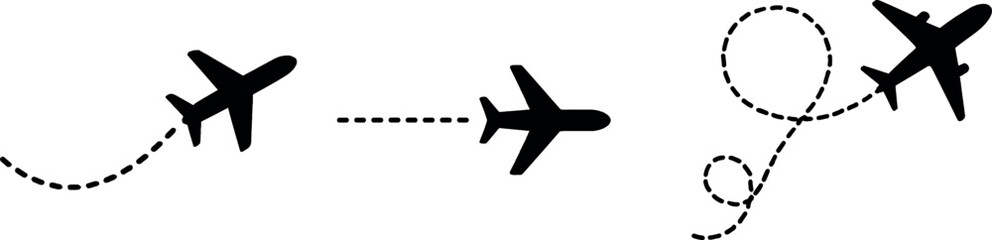 Airplane Path Icon Set – Flight Route, Dotted Line, Travel Plane, Aviation Vector Clipart Collection