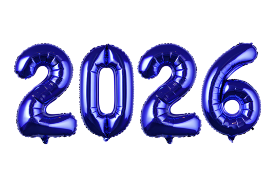 2026 holographic balloons on white background. New year 2026 post card concept.