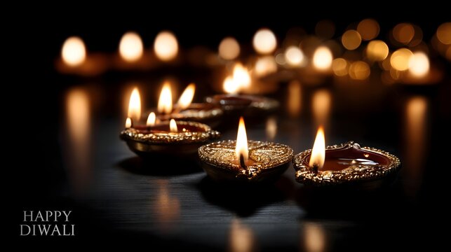 Beautifully illuminated diyas creating a serene atmosphere for Diwali celebrations in an elegant setting with ample copy space