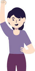 A woman with dark hair and a purple shirt raises her fist in a gesture of victory or empowerment.