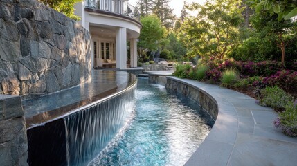 Modern, curved pool with waterfall feature, lush landscaping, and stone walls