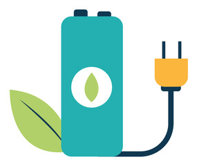 Eco-friendly rechargeable battery with leaf symbol, plugged in, ready for use.