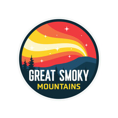 Great smoky mountain with milky way sky, badge patch emblem, vector illustration